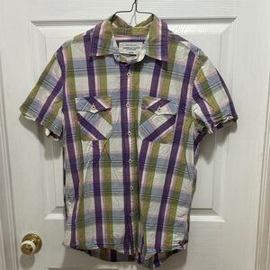 American Eagle Outfitters Men's Purple and Green Plaid Shirt
